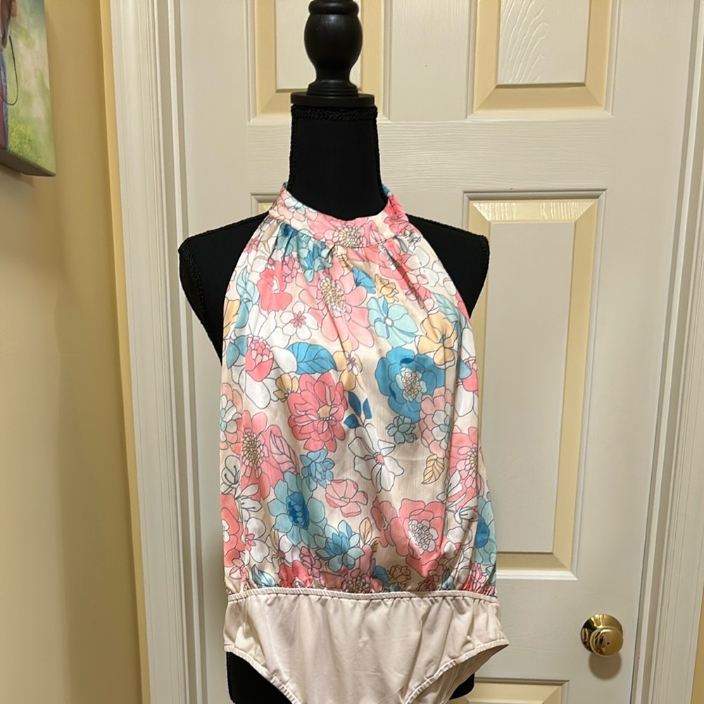 Pink Lily Floral Halter Top Bodysuit